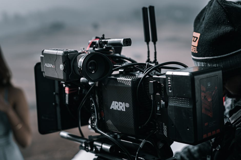 Professional cinema video camera setting up for an event